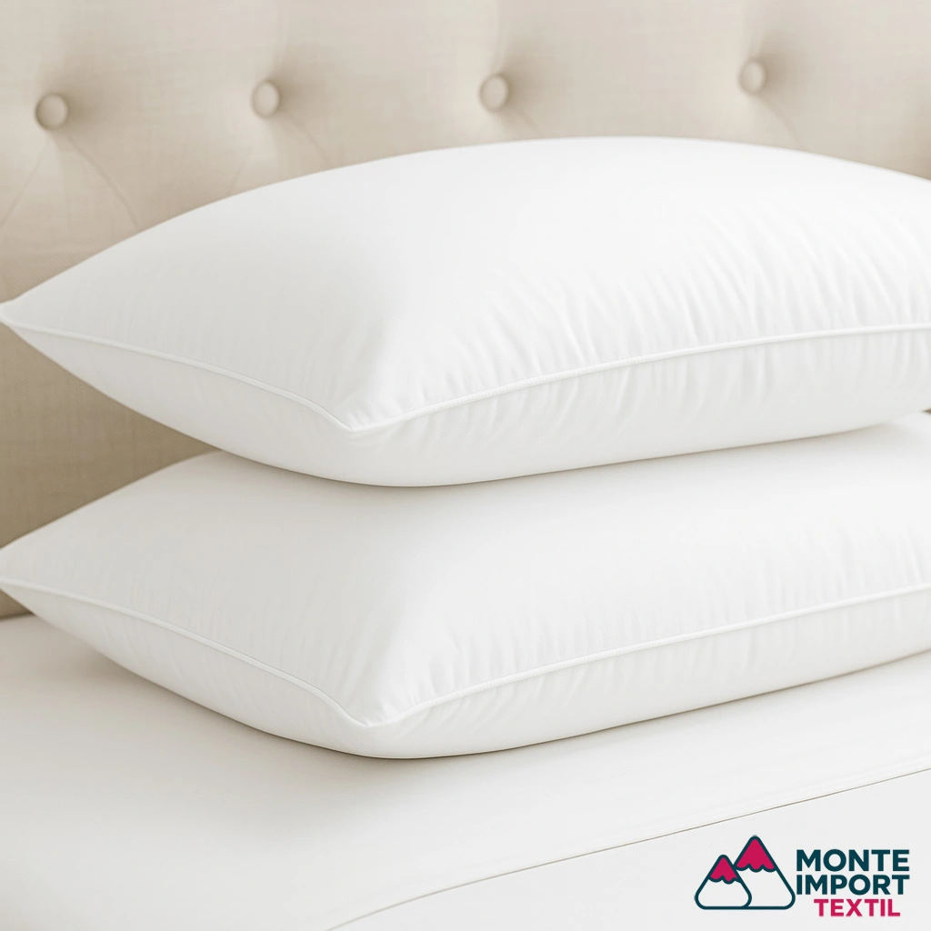 Almohadas hoteleras blancas de fibra con exterior textil, apiladas sobre cama profesional, imagen de Monte Import Textil