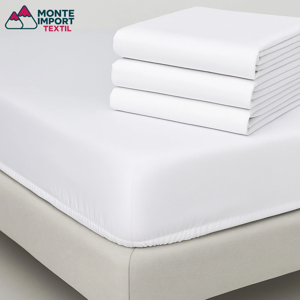 Bajera ajustable blanca para hostelería en mezcla 50% poliéster 50% algodón sobre colchón profesional – Monte Import Textil