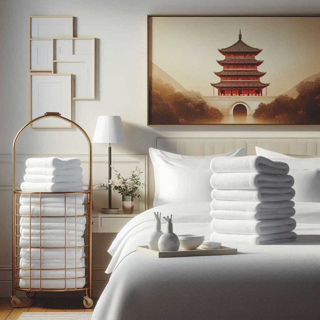 Toallas blancas apiladas en carro de lavandería y cama de hotel, textiles profesionales para hostelería