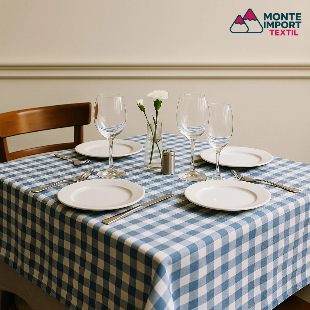 Estilos de mantelería para hostelería. Mesa de restaurante profesional con mantel de cuadros vichy azul y blanco, servida para cuatro personas con vajilla blanca y copas sobre fondo neutro elegante