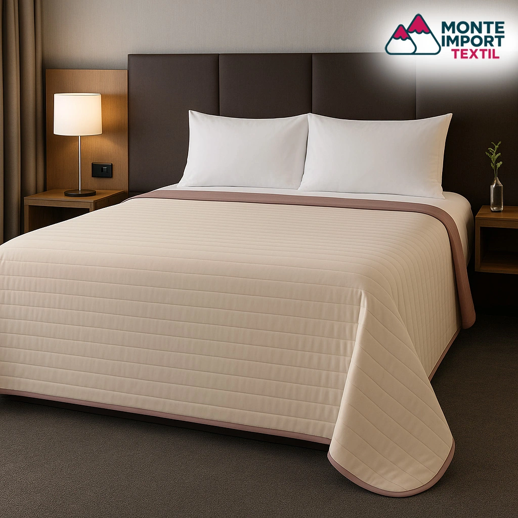 Colcha acolchada bicolor en tonos topo y piedra con costura decorativa para hoteles – Monte Import Textil